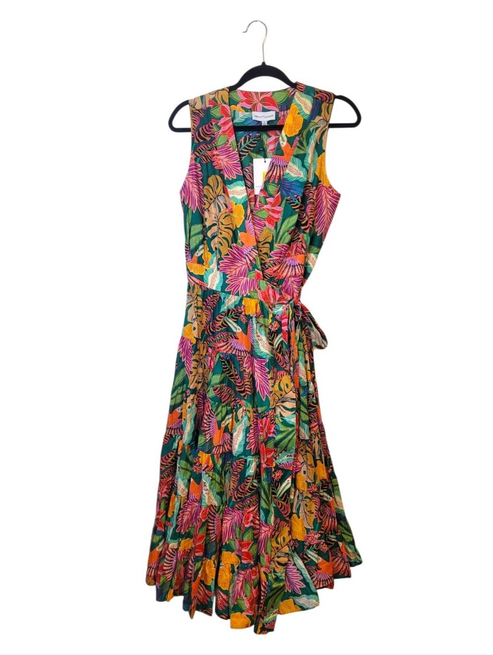 Gibson Latimer Green Tropical Floral Wrap Midi Dress Size M NWT